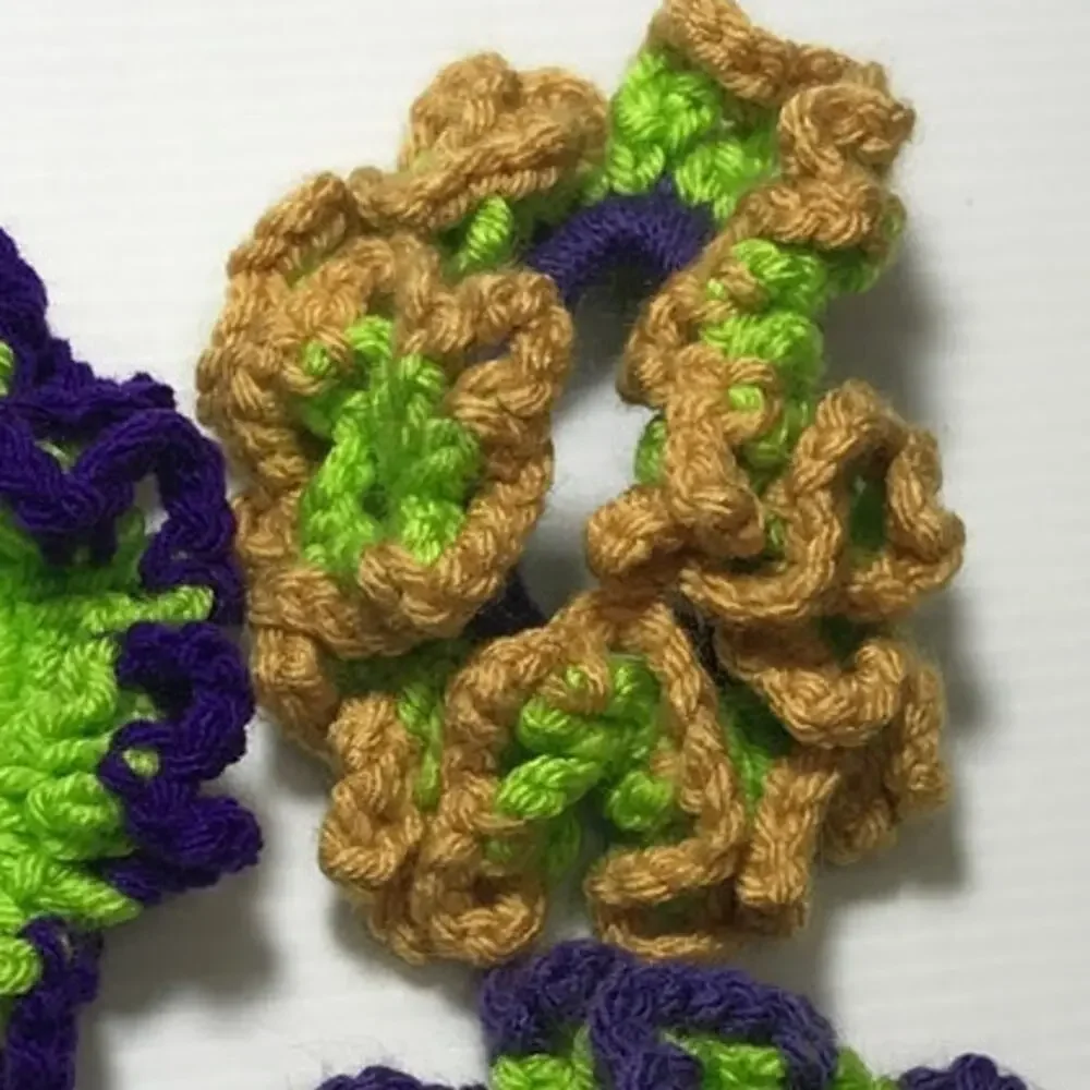 NWT Purple Green Gold Handmade Crocheted Hair Scrunchie Set of 3